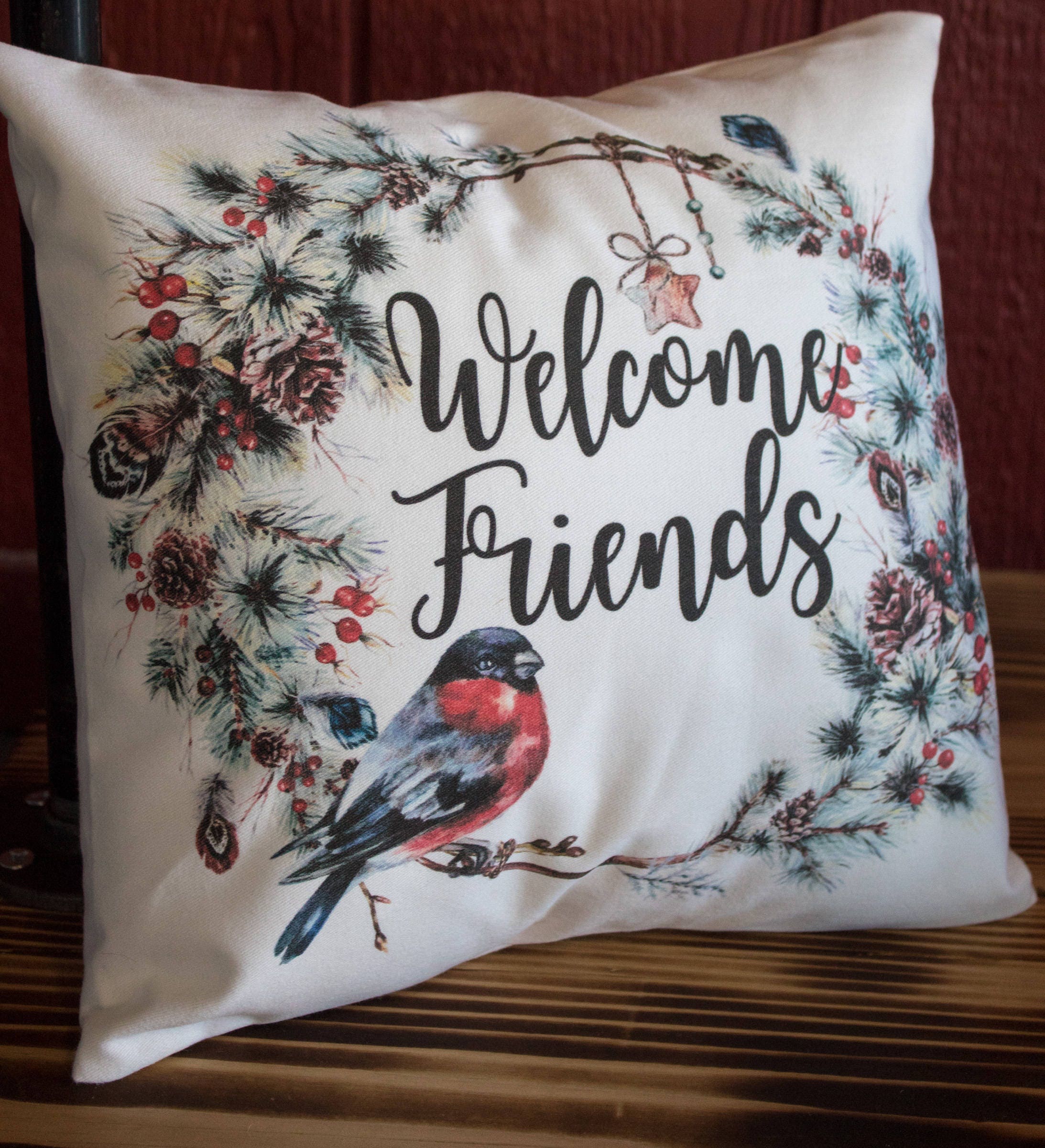 Welcome Friends Christmas Wreath Throw Pillow Welcome Friends Christmas Wreath Throw Pillow