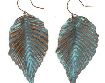 Copper Tone with Turquoise Patina Bohemian Leaf Earrings