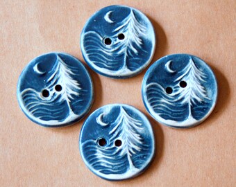 4 Handmade Ceramic Buttons - Moon over Cedar Buttons - Rustic Denim Buttons in Stoneware - Handmade Knitting Supplies