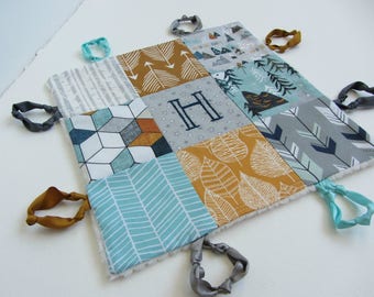 Baby Boy Lovey Personalized with Hand Embroidery ~ Choice of Backing Fabric ~Adventure Awaits~Arrow Mountains Trees ~Gray Teal Mustard Navy