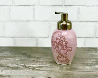 Lavender pink glazed porcelain foam soap dispenser/ foaming soap dispenser/ ceramic dispenser with henna design and brushed nickel pump