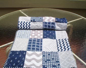 Nautical Baby quilt, navy, grey, chevron, crib quilt, baby girl quilt, boy bedding, anchors, waves, modern, blanket, toddler, All Nautical