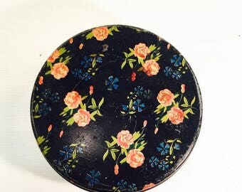 SUMMER SALE Black Vintage floral Tin Colorful Cookie Tin pink roses calico chintz