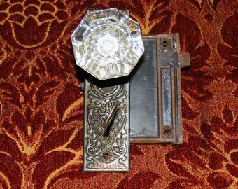 Antique Crystal and Thumb Turn Latch French Door Knob with Skeleton Key Eastlake Back Key Hole Cover Plate Hardware Box Lock Set