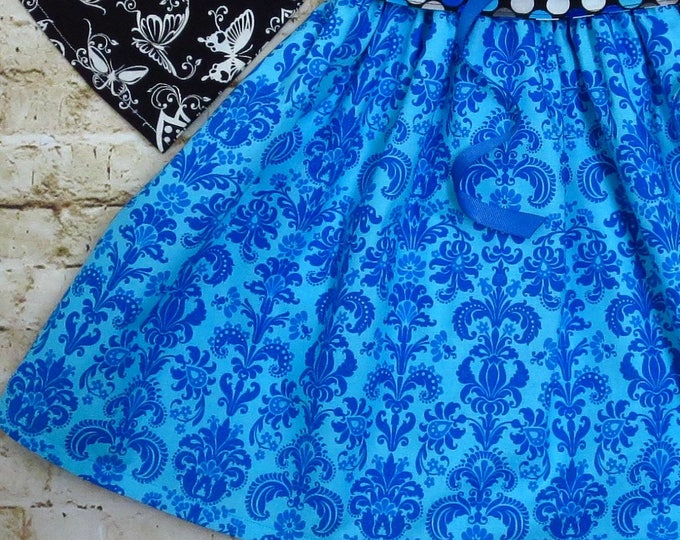 Blue Damask Dress for Baby Girls, Toddlers, Teens - Birthday Outfit - Kimono Style - Long and Short Sleeves - Handmade - 12 mos to 14 yrs