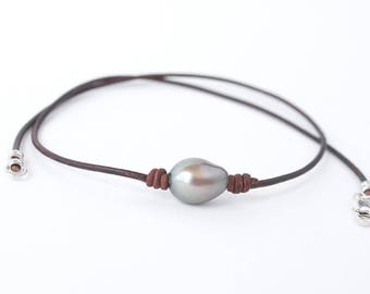 Back To School Necklace - Pearl Choker Leather Necklace - One Pearl Choker - Leather and Pearl Jewelry - Baroque Pearl Necklace -