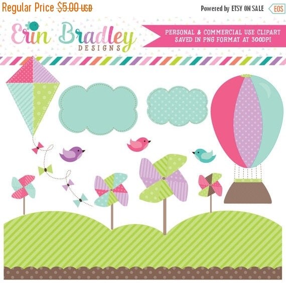 80% OFF SALE Digital Clipart Hot Air Balloon Pinwheels Kite & Birds Commercial Use Clip Art Graphics Il_570xn