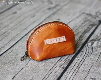 Leather coin purse,leather earbuds pouch case bag,leather purse,coin pouch,change purse, change pouch,hand-painted and stitched by napkitten