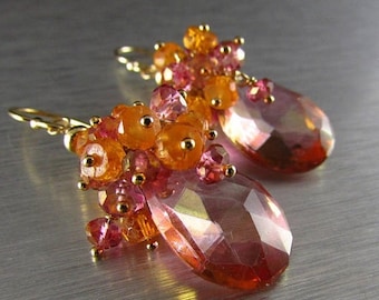 25 OFF Pink Mystic Quartz With Mandarin Garnet Gold Filled Cluster Earrings