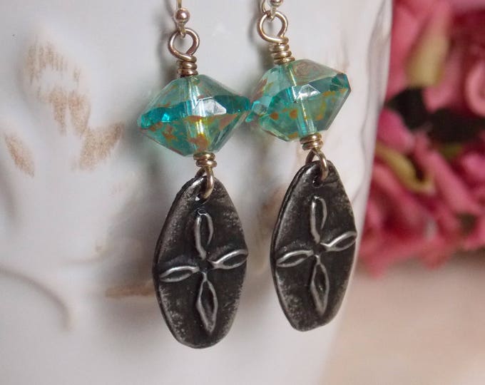 Cross Earrings Blue Aqua Artisan Dangle Sterling Rugged Cross Spiritual Rustic Earrings Boho Bohemian Turquoise Czech Glass Earrings