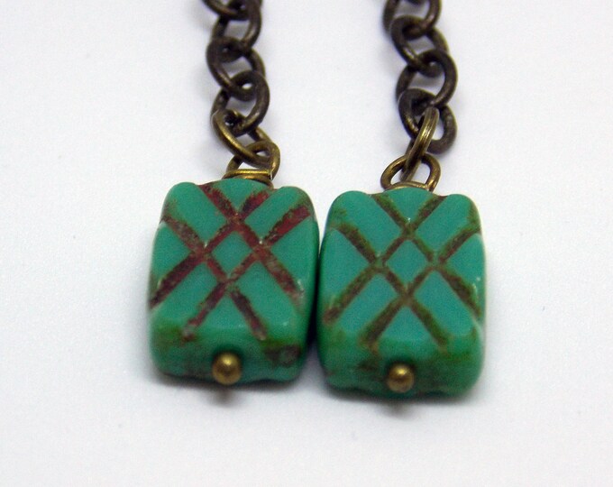 Green Czech Glass Earrings Retro Dangle Earrings Aqua Green Etched Glass Geometric Long Mod Earrings