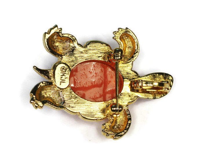 KJL Turtle Brooch Pendant Orange Lucite Gold Tone Vintage