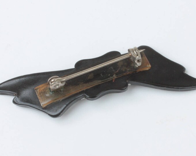 Art Deco Black Celluloid Pin Bow Shape with Rhinestones Etched Design Vintage