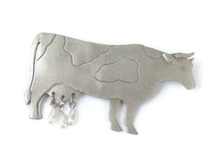 JJ Cow Brooch Pewter Tone Glass Pearl Dangles Book Piece Vintage