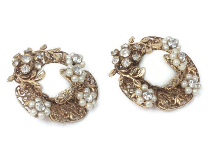 White Milk Glass Earrings Rhinestones Floral Design Clip Backs Larger