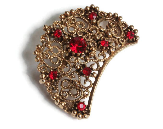 Red Rhinestone Filigree Brooch Crescent Shape Signed JJ Vintage