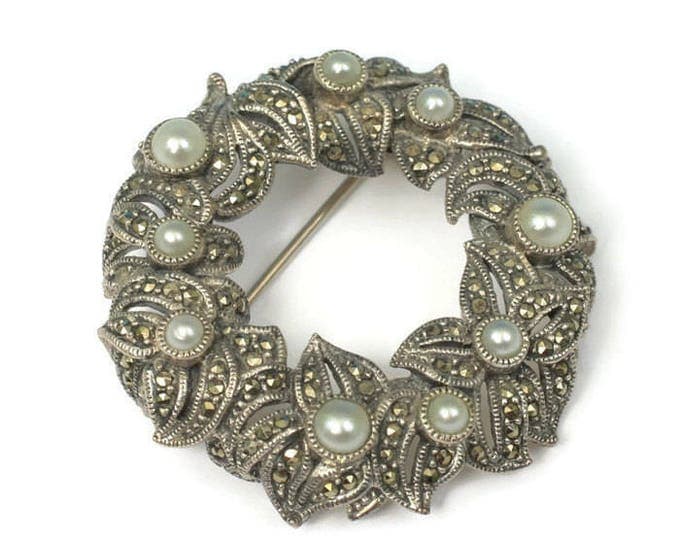 Marcasite Faux Pearl Sterling Brooch Judith Jack Wreath Circle Pin Vintage