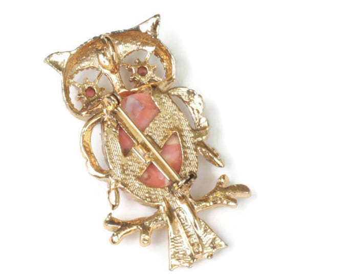 Gerrys Signed Owl Brooch Salmon Pink Mottled Cabochon Gold Tone Convertible Pendant