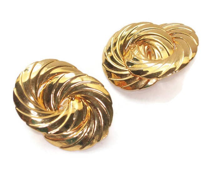 Bold Dimensional Swirl Earrings Gold Tone Metal Interlocking Circles Clip On Vintge