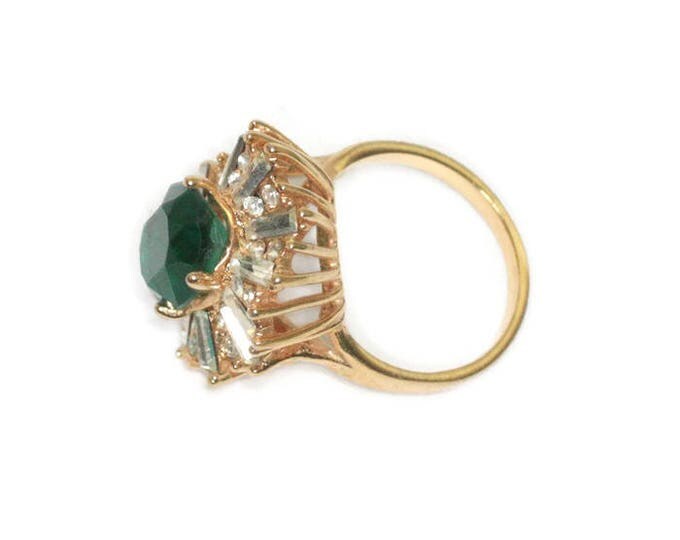 Simulated Emerald Dinner Ring 18KGE Clear CZ Baguettes Chatons Ballerina Setting Size 8 Plus Vintage
