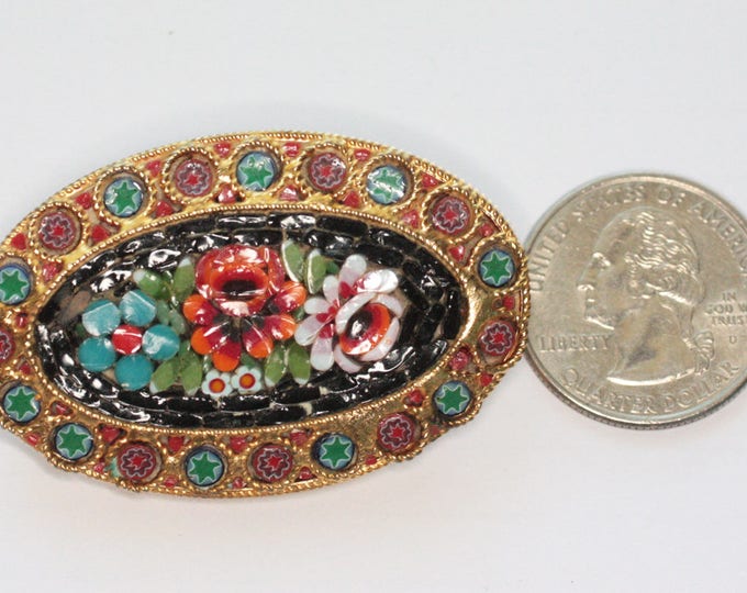 Floral Mosaic Tile Brooch Italy Oval Shape Vintage