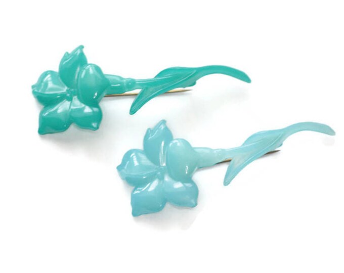 Teal and Turquoise Flower Brooches Buch and Deichmann Denmark Thermoplastic Vintage