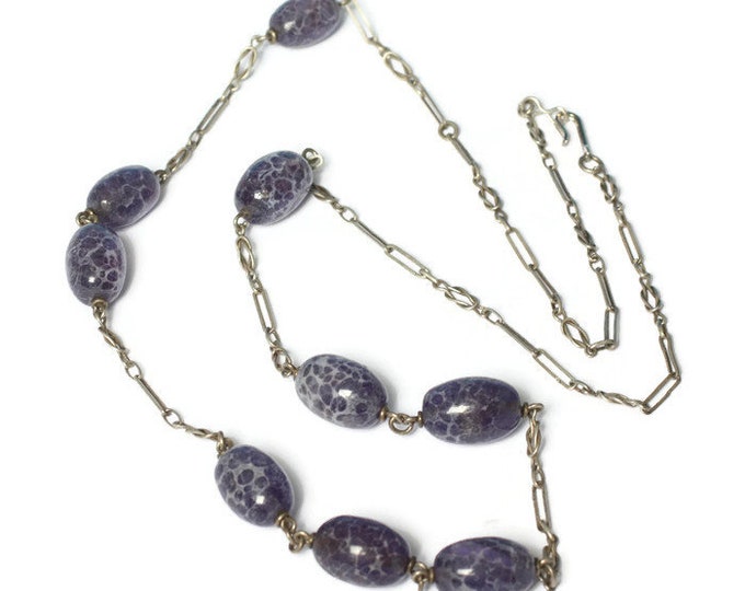 Purple Art Glass Bead Necklace Sterling Chain Oval Shaped Beads Vintage