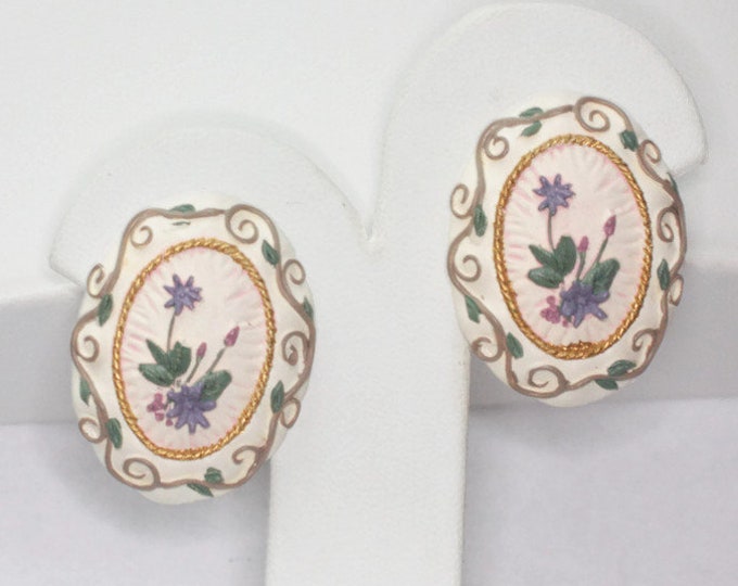Applied Flower Design Earrings Ceramic Clip On Vintage Floral Springtime