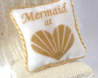 1:12 Pillow - Mermaid at Heart - Handmade Scale Miniature Dollhouse - Shabby Beach **Free Shipping**