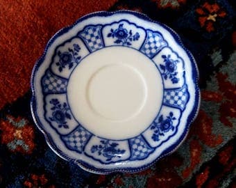 Vintage Flow Blue Saucer Melbourne Grindley Floral Lattice Blue and White England 1886