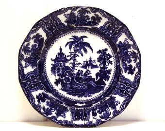 Vintage Flow Blue Plate Flo Blue English China Blue and White Large Plate