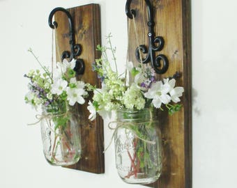 New Larger..Rustic Hanging Mason Jar Sconces Farmhouse Wall Decor Hanging Mason Jars Rustic Home Decor Curly Black hooks
