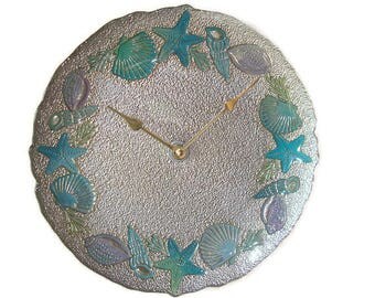 11 Inch Glass Coastal Wall Clock, Silent Glass Plate Clock, Hand Painted Beach House Clock, Unique Wall Clock - 2368