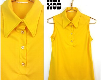 Easy Vintage 70s Bright Yellow Sleeveless Top with Pointed Collar