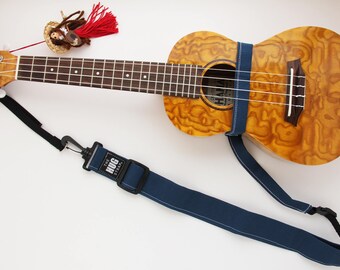 Ukulele Strap, The HUG Strap, No need for Strap Buttons, Blue Denim Canvas, Hands Free Uke Strap