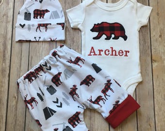 Baby Boy Coming Home Outfit Buffalo Plaid Red and Black Lumberjack Personalized Bear Bodysuit Harem Leggings Pants