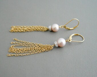 Diamond Tassel Earrings, Gold Tassel, Freshwater Pearl Earrings Long Dangle Earrings, Long Drop Earrings, Shoulder Dusters, Chain Earrings