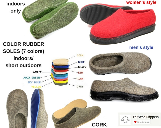 Black Slippers Women Felt house shoes - Boiled organic wool slippers - custom 7 color option rubber soles - Minimalist Gift for best Friend