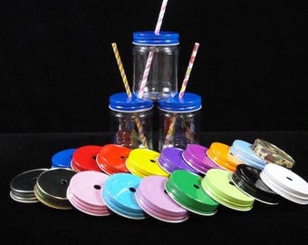 TWELVE Mason Jars, Plastic Mason Jars and Lids, Kids Party Cups, Straw Cut Lids, Weddings, Favors, Farm Party, New Baby - 12 oz jars