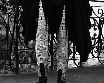 Back again for PRE ORDER - Gothic Architecture Cathedral Church Illustrated Dark Printed Black & White Limited Edition Art Leggings