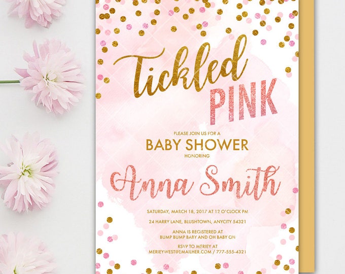 Tickled Pink Baby Shower Invitation, Tickled Pink and Gold Confetti Baby Shower Printable Invitation, Tickled Pink Invitation
