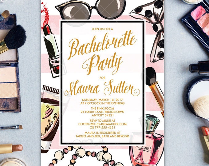 Bachelorette Party Invitation with MakeUp Tools Cosmetics, Fashion Show Party, Primp and Prettify Makeover Party Printable Party Invitation