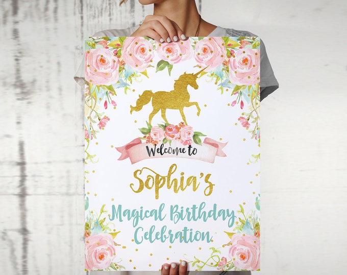 Unicorn Welcome Party Sign, Rainbow Gold Glitter Floral Unicorn Welcome Birthday Baby Shower Any Occasion Printable Party Sign