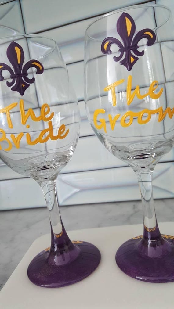 LSU Purple and Gold Bride and Groom Wine Glasses Football wedding Baton Rouge Wedding Louisiana Sports Fans