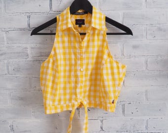 Vintage 90s Tommy Hilfiger Yellow and White Plaid Tied Crop Top
