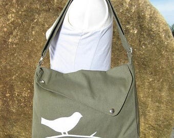 On Sale 20% off Olive green cotton canvas shoulder bag / bird messenger /messenger bag / diaper bag / cross body bag