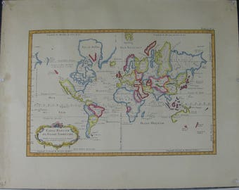 Vintage Colored Map of the World, "Carte Reduite du Globe Terrestre" by Jacques Nicholas Bellin, 1757