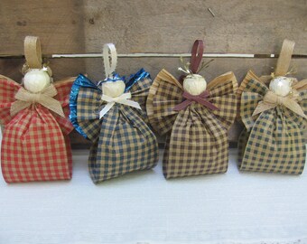 Primitive Plaid Angel Christmas Ornaments, Blue Green Brown Orange Plaid Paper Ribbon Angel, U-Pick Color, Tree Ornaments, Angel Collector