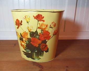 Vintage Yellow Metal Trash Can with Roses, Waste Basket, Rubbish Bin, Shabby Chic, Cottage
