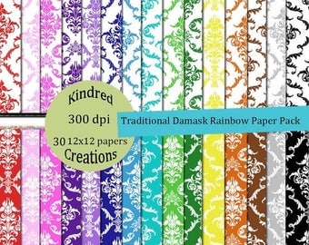 ON SALE Traditional Damask Rainbow Digital Paper Pack 300 dpi 12x12 30 papers For Personal or Small Business Use